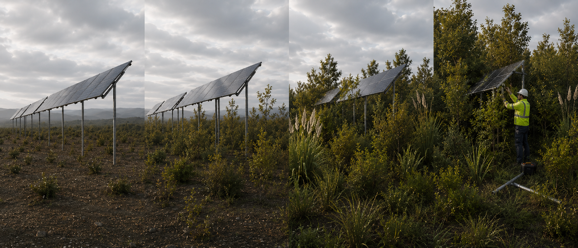 Four-stage Light Forest sequence showing solar infrastructure and native regeneration over time